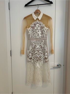 Self-Portrait White Lace Midi Dress with Beige Sheer Sleeves